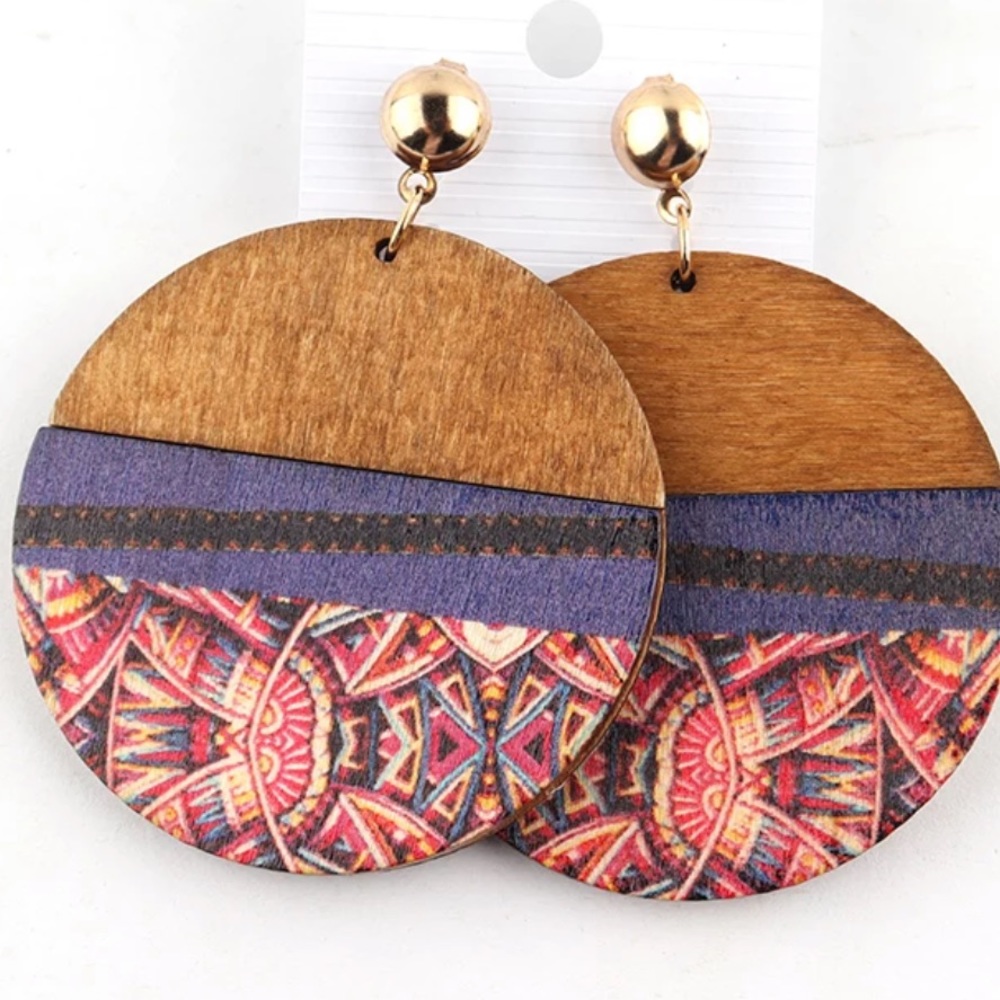 Round African Pattern Handmade Wooden Earrings